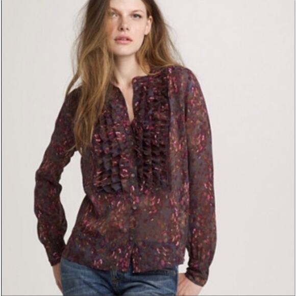 J.Crew Tops - J.Crew Women Whimsigoth Romantic 2010s Sheer Silk Floral Ruffle Button-Up Top 8